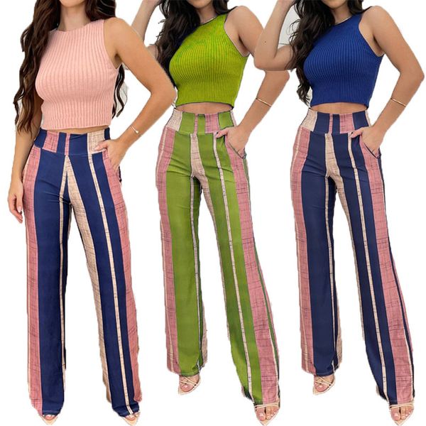 women's pants capris summer casual fashion round neck sleeveless knitted vest striped print two-piece set for women 230209, Black;white
women's pants capris summer casual fashion round neck sleeveless knitted vest striped print two-piece set for women 230209, Black;white
