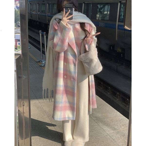 women s knits tee double breasted rainbow woollen overcoat classical plaid jackets retro loose lapel collar long sleeves ladies outwear 2302, White
women s knits tee double breasted rainbow woollen overcoat classical plaid jackets retro loose lapel collar long sleeves ladies outwear 2302, White