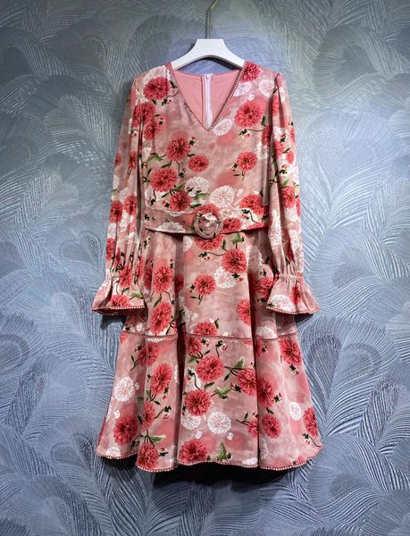 spring new dress mature comfortable v-neck printed long-sleeved, Black;gray