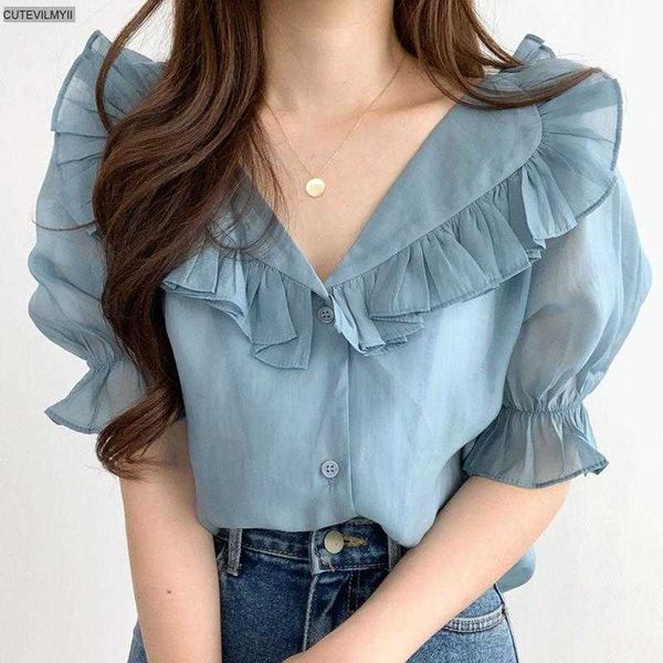 women's t-shirt 2020 new summer ruffled lapel chiffon shirt women blouses korean style elegant sweet puff sleeve female blusas chic y2, White
women's t-shirt 2020 new summer ruffled lapel chiffon shirt women blouses korean style elegant sweet puff sleeve female blusas chic y2, White