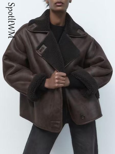women's jackets winter women fleece turn down collar coat loose single breasted pockets leather jacket autumn thick warm female outwear, Black;brown
women's jackets winter women fleece turn down collar coat loose single breasted pockets leather jacket autumn thick warm female outwear, Black;brown