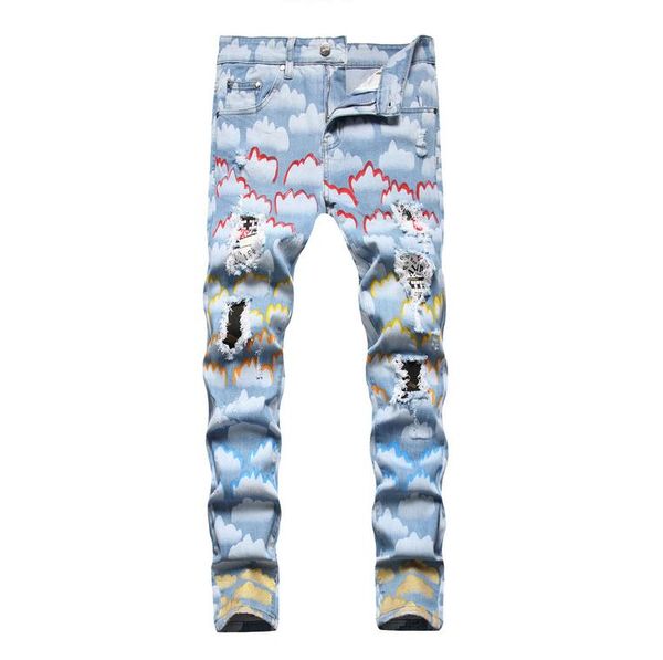 men's jeans perforated patch lining hand-painted color blue sky and white cloud slim elastic small straight jeans
men's jeans perforated patch lining hand-painted color blue sky and white cloud slim elastic small straight jeans
