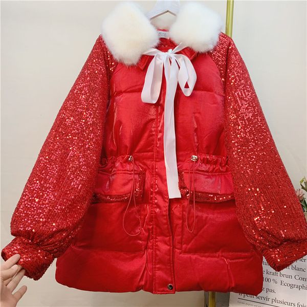 women's down parkas sequin stitching winter coat fashion big fur collar parka for ladies midlength cotton jacket 230210, Black
women's down parkas sequin stitching winter coat fashion big fur collar parka for ladies midlength cotton jacket 230210, Black
