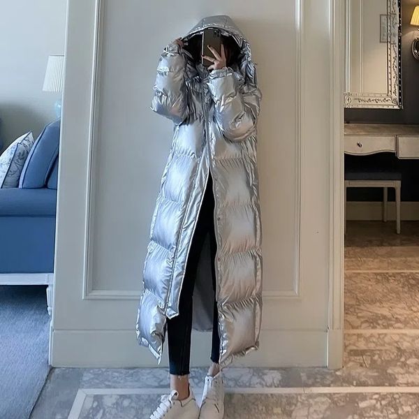 women's down parkas silver glossy cotton jacket winter korea loose hooded coat thicken windproof female casual long overcoat 230210, Black 
women's down parkas silver glossy cotton jacket winter korea loose hooded coat thicken windproof female casual long overcoat 230210, Black