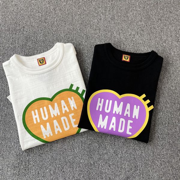 black white tee t shirts short sleeve human made men's plus tees heart printed t-shirt top, Black;brown