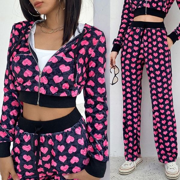 women's two piece pant heart print velvet jacket kawaii long sleeve zip up cropped sweatshirt 230209, White
women's two piece pant heart print velvet jacket kawaii long sleeve zip up cropped sweatshirt 230209, White