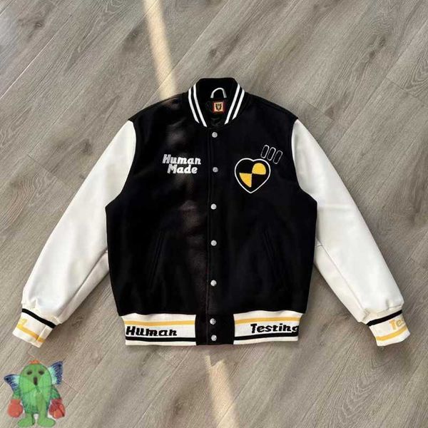 men's jackets human made embroidered leather sleeve cowhide baseball jacket single breasted cardigan patchwork baseball jackets j230210, Black;brown
men's jackets human made embroidered leather sleeve cowhide baseball jacket single breasted cardigan patchwork baseball jackets j230210, Black;brown