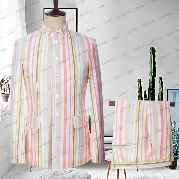 men's suits blazers 2023 summer beach colourful linen stand collar casual style tailor made 2 piece set party wear man's clothing, White;black
men's suits blazers 2023 summer beach colourful linen stand collar casual style tailor made 2 piece set party wear man's clothing, White;black