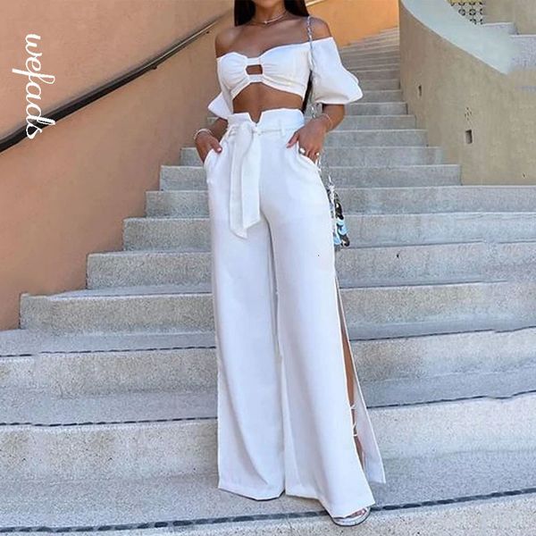 women's two piece pants wefads set summer casual off shoulder puff sleeve cutout backless loose wide legs lace up slit for women 230209, White
women's two piece pants wefads set summer casual off shoulder puff sleeve cutout backless loose wide legs lace up slit for women 230209, White