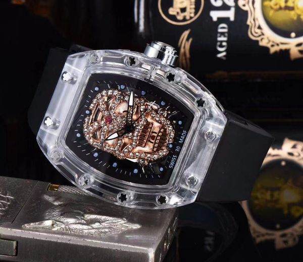 2023 designer transparent hollowed out ghost head wine cask type fashion silicone men's watch, Slivery;brown
2023 designer transparent hollowed out ghost head wine cask type fashion silicone men's watch, Slivery;brown