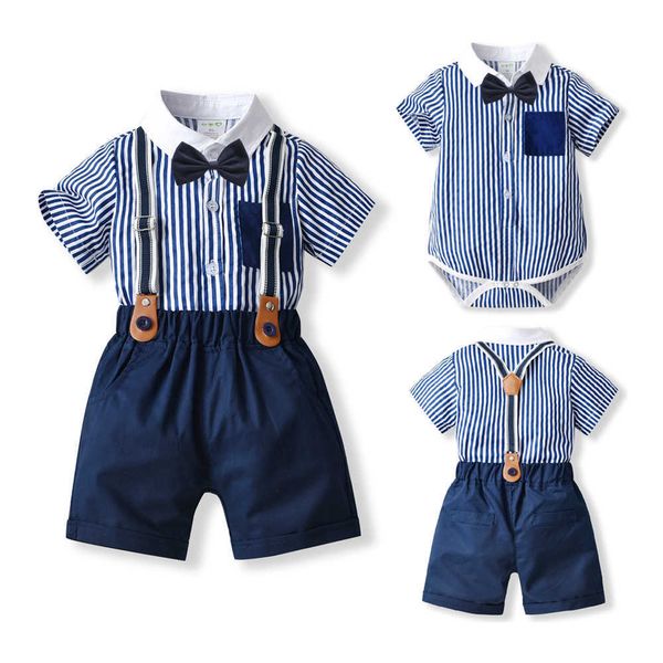 clothing sets 2023 kids clothes boys for baby birthday outfits costume children gentleman clothing set striped romper navy overall shorts su, White 
clothing sets 2023 kids clothes boys for baby birthday outfits costume children gentleman clothing set striped romper navy overall shorts su, White