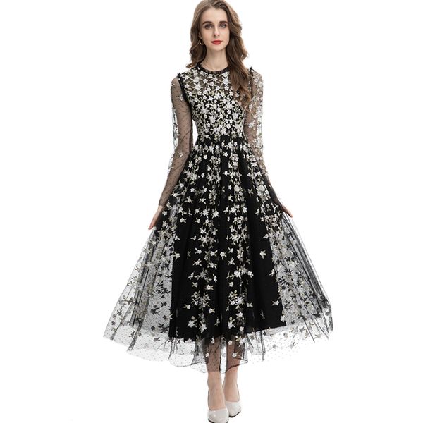 women's runway dresses o neck long sleeves embroidery floral mesh elegant fashion designer party prom vestidos, Black
women's runway dresses o neck long sleeves embroidery floral mesh elegant fashion designer party prom vestidos, Black