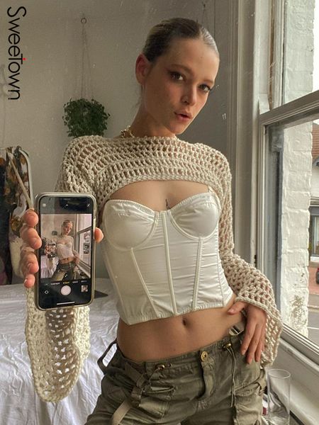 women's t-shirt sweetown fairycore grunge knitted y2k smock fishnet hollow out cropped flared sleeve casual t-shirts women vacation cl, White
women's t-shirt sweetown fairycore grunge knitted y2k smock fishnet hollow out cropped flared sleeve casual t-shirts women vacation cl, White
