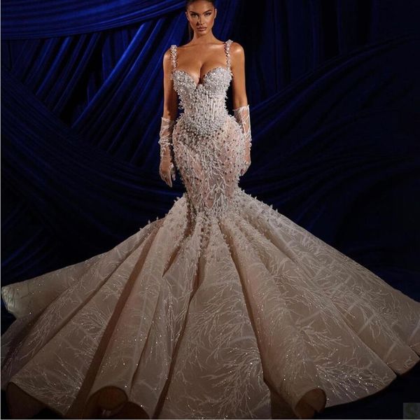 luxury pearl mermaid wedding dress tailored beading spaghetti straps lace bridal gowns ruffles sweep train bride dresses, White
luxury pearl mermaid wedding dress tailored beading spaghetti straps lace bridal gowns ruffles sweep train bride dresses, White