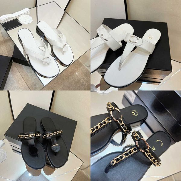 designer slippers double thong c flip flop brand women slides sandals chain women shoes summer beach indoor outdoor slide flat classic, Black
