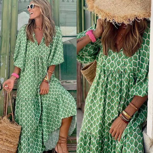 

Casual Dresses 2022 Summer Boho Long Dress Women Floral Print Puff Sleeve Loose Maxi Dresses Elegant V-Neck Holiday Party Beach Dress Vestidos T230210, Light green