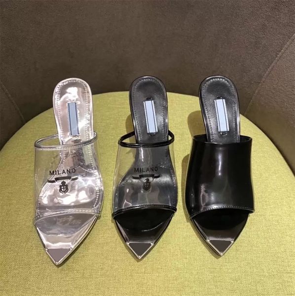 designer women high heels slippers clear pvc luxury sandals triangle logo letter print peep toe pumps milano slides ponited heel .5cm metol, Black
designer women high heels slippers clear pvc luxury sandals triangle logo letter print peep toe pumps milano slides ponited heel .5cm metol, Black