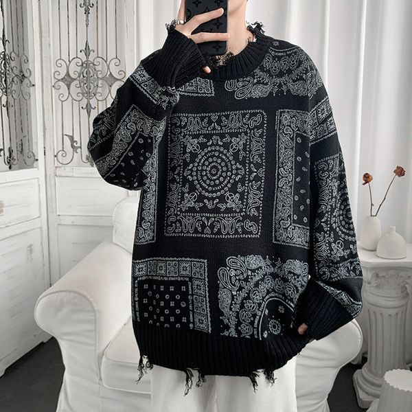 men's sweaters mens fashion cashew flower ripped knit sweater ins japanese loose trend hip hop casual knitted pullover harajuku clothes, White;black
men's sweaters mens fashion cashew flower ripped knit sweater ins japanese loose trend hip hop casual knitted pullover harajuku clothes, White;black