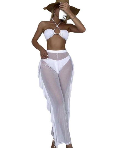 three piece swimsuit solid color cross gathered trousers flying bikini, White;black
three piece swimsuit solid color cross gathered trousers flying bikini, White;black