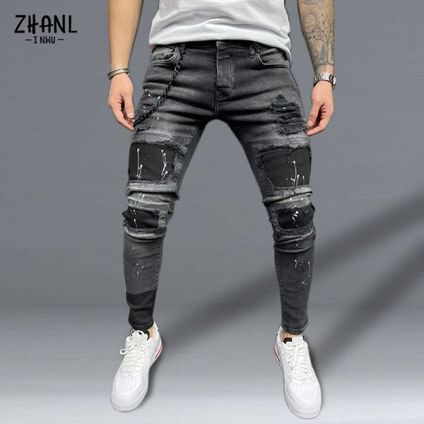 men's jeans mens streetwear fashion pants elastano skinny slim patch pockets ripped jeans for men street broken black denim trousers 23, Blue
men's jeans mens streetwear fashion pants elastano skinny slim patch pockets ripped jeans for men street broken black denim trousers 23, Blue