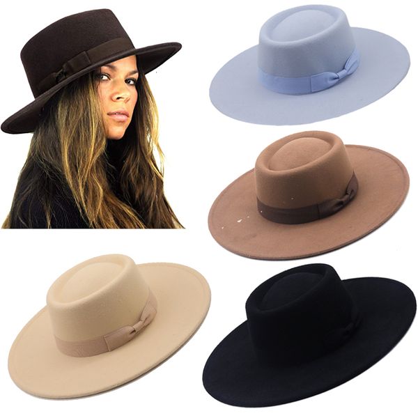 cloches autumn winter womens felt hat fedoras wool wide brim hats for women british style church lady bow flat jazz cap 230211, Blue;gray
cloches autumn winter womens felt hat fedoras wool wide brim hats for women british style church lady bow flat jazz cap 230211, Blue;gray