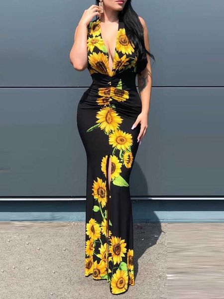 party dresses plunge sunflower print slit maxi dress t230210, White;black