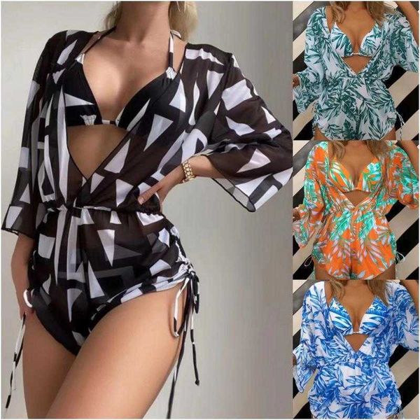three piece set bikini beach sun protection printed blouse swimsuit women, White;black
three piece set bikini beach sun protection printed blouse swimsuit women, White;black
