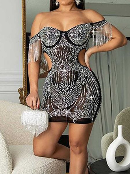 party dresses see through mesh off shoulder studded bodycon dress women cutout tassel design party dress with panties t230210, White;black
party dresses see through mesh off shoulder studded bodycon dress women cutout tassel design party dress with panties t230210, White;black
