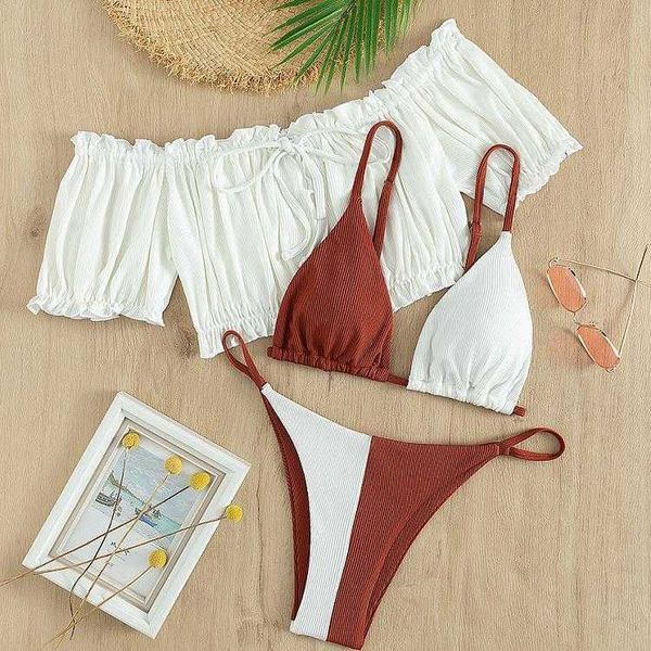 three piece contrast color bikini set female conservative stylish beach, White;black
three piece contrast color bikini set female conservative stylish beach, White;black