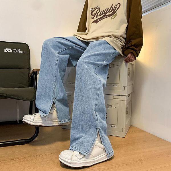 men's jeans retro light straight wide leg jeans men's loose high waist niche design sense casual slit flare pants 230210, Blue
men's jeans retro light straight wide leg jeans men's loose high waist niche design sense casual slit flare pants 230210, Blue