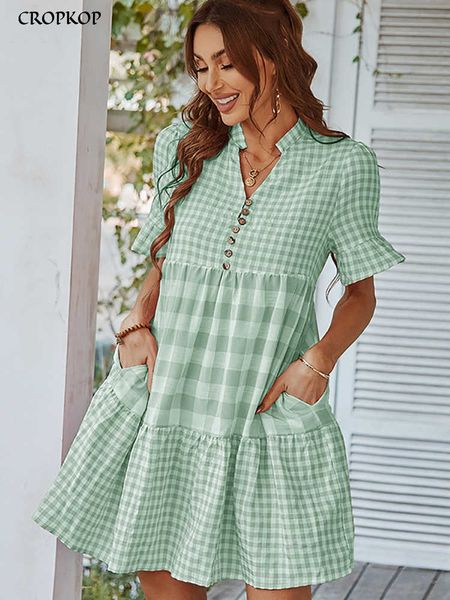party dresses summer plaid short sleeve dress women casual loose ruffle stitching beach dress elegant v neck button black mini dresses 2022, White;black
party dresses summer plaid short sleeve dress women casual loose ruffle stitching beach dress elegant v neck button black mini dresses 2022, White;black