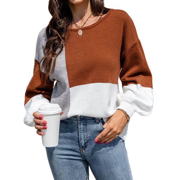 irregular contrast color matching women's sweater loose crew neck color block casual street fashion pullover knitted blouse with lante, White;black 
irregular contrast color matching women's sweater loose crew neck color block casual street fashion pullover knitted blouse with lante, White;black