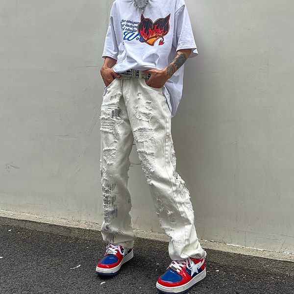 men's jeans deeptown ripped straight for men hip hop denim pants hole fashion trousers male black white loose casual spring 230210, Blue
men's jeans deeptown ripped straight for men hip hop denim pants hole fashion trousers male black white loose casual spring 230210, Blue