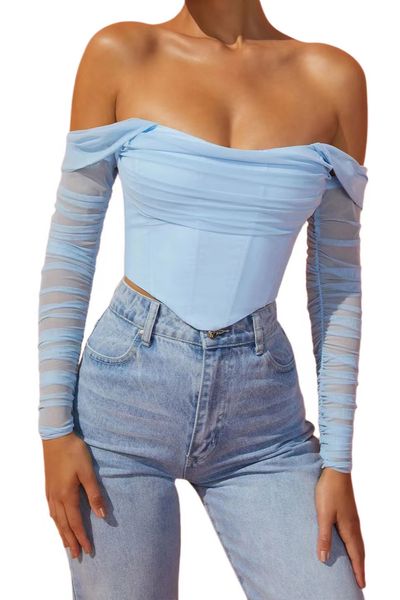 women casual shirts bodycon cute off shoulder long sleeve mesh see-through slash neck crop tube blouses, White
women casual shirts bodycon cute off shoulder long sleeve mesh see-through slash neck crop tube blouses, White