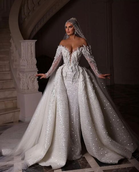 luxury mermaid wedding dresses long sleeves v neck pearls beaded sequins appliques formal dresses detachable train bridal gowns plus size ve, White
luxury mermaid wedding dresses long sleeves v neck pearls beaded sequins appliques formal dresses detachable train bridal gowns plus size ve, White