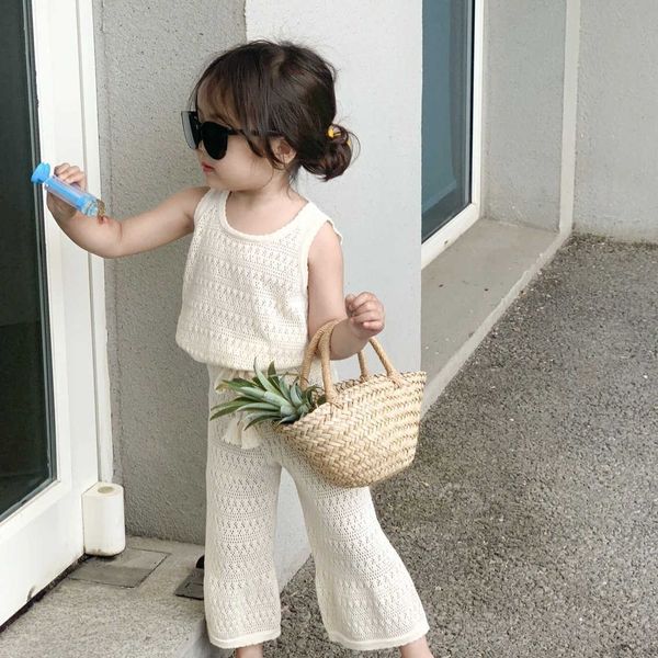 sets children clothing summer korean style girls' thin knit suit with hollow breathable vest and wide leg pants twopiece set, White
sets children clothing summer korean style girls' thin knit suit with hollow breathable vest and wide leg pants twopiece set, White