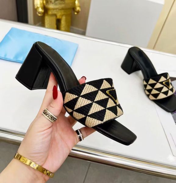 luxury design women high heels sandal shoes triangle printed fabric slippers embroidered fabric slides block heeled summer sandals 35-43box, Black
luxury design women high heels sandal shoes triangle printed fabric slippers embroidered fabric slides block heeled summer sandals 35-43box, Black