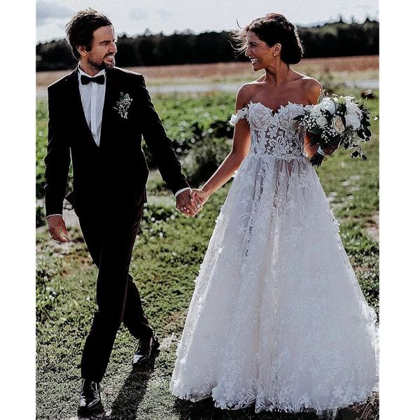 2023 bohemian bridal gowns off the shoulder lace 3d floral appliques a line beach wedding dress sweep train bhoh wedding dresses, White
2023 bohemian bridal gowns off the shoulder lace 3d floral appliques a line beach wedding dress sweep train bhoh wedding dresses, White
