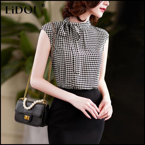 women's blouses shirts summer korean elegant stand collar vintage plaid printed bow lacing chiffon shirt women loose casual sleeveless, White
women's blouses shirts summer korean elegant stand collar vintage plaid printed bow lacing chiffon shirt women loose casual sleeveless, White