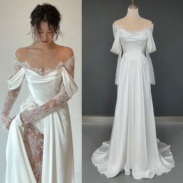 party dresses illusion tulle off shoulder lace wedding gowns big size custom made a line long sleeves ruched satin high slit bridal dress 23, White;black
party dresses illusion tulle off shoulder lace wedding gowns big size custom made a line long sleeves ruched satin high slit bridal dress 23, White;black