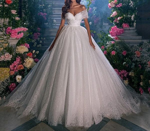 luxury shiny lace ball gown wedding dresses princess off shoulder ivory bridal dress chapel train vestido de novia, White
luxury shiny lace ball gown wedding dresses princess off shoulder ivory bridal dress chapel train vestido de novia, White