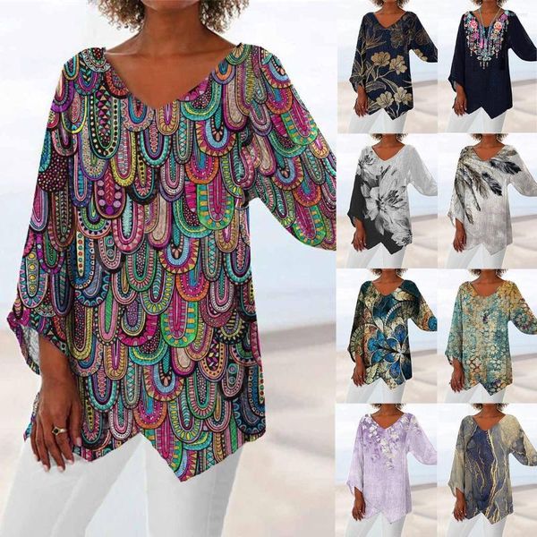 women's t shirts 2023 autumn casual loose v-neck irregular hem retro print long shirt women's for women, White
women's t shirts 2023 autumn casual loose v-neck irregular hem retro print long shirt women's for women, White