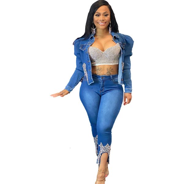 women's two piece pants casual jeans suit women denim two pieces set blue long sleeve jeans long pants slim tracksuit outfits spring au, White 
women's two piece pants casual jeans suit women denim two pieces set blue long sleeve jeans long pants slim tracksuit outfits spring au, White