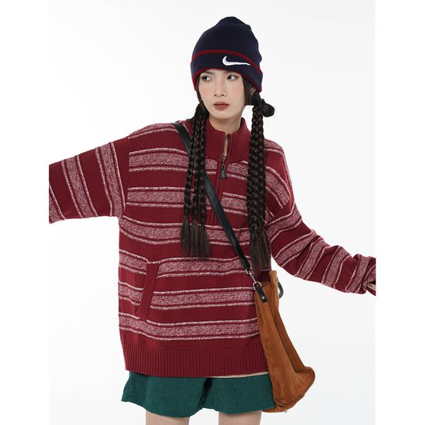 women s sweater red stripe sweater color contrast half zipper fashion vintage lazy wind loose winter female thickening knitting pullover 230, White;black
women s sweater red stripe sweater color contrast half zipper fashion vintage lazy wind loose winter female thickening knitting pullover 230, White;black