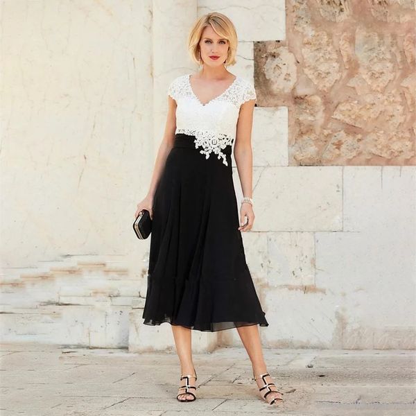 elegant tea length mother of the bride dress a line 2023 chiffon v neck chic black evening prom dresses lace wedding guest party skirt vesti, Black;red
elegant tea length mother of the bride dress a line 2023 chiffon v neck chic black evening prom dresses lace wedding guest party skirt vesti, Black;red