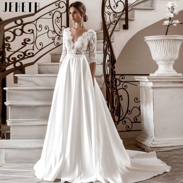 party dresses simple wedding for women three quarter sleeve v neck sweep train floor length button lace satin bridal gowns plus size 230213, White;black
party dresses simple wedding for women three quarter sleeve v neck sweep train floor length button lace satin bridal gowns plus size 230213, White;black