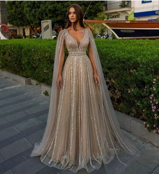 party dresses luxury beaded v neck cape sleeves a line evening gown for women formal 230213, White;black
party dresses luxury beaded v neck cape sleeves a line evening gown for women formal 230213, White;black