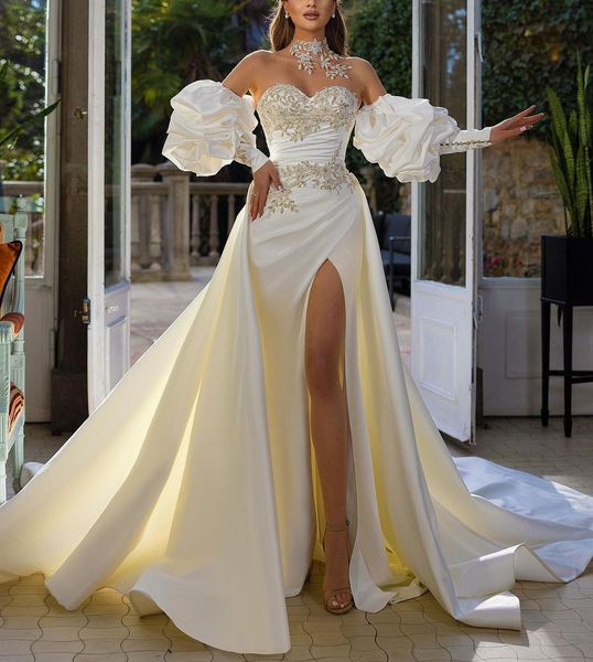 elegant mermaid wedding dresses puffy sleeves v neck halter beaded sequins appliques side slit detachable train bridal gowns plus size vesti, White
elegant mermaid wedding dresses puffy sleeves v neck halter beaded sequins appliques side slit detachable train bridal gowns plus size vesti, White