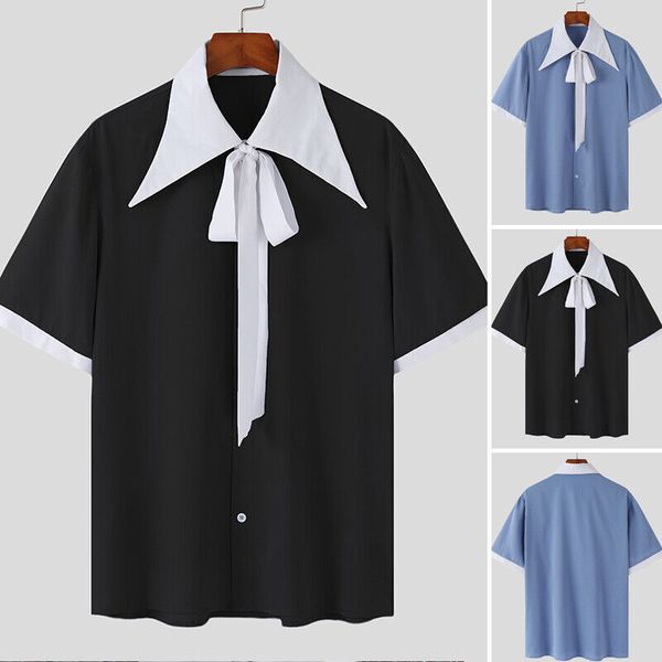 mens short sleeve patchwork collar neck shirts casual party bow tie blouse, White;black
mens short sleeve patchwork collar neck shirts casual party bow tie blouse, White;black