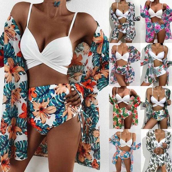 strappy cardigan three piece bikini print blouse two high waist swimsuit, White;black
strappy cardigan three piece bikini print blouse two high waist swimsuit, White;black